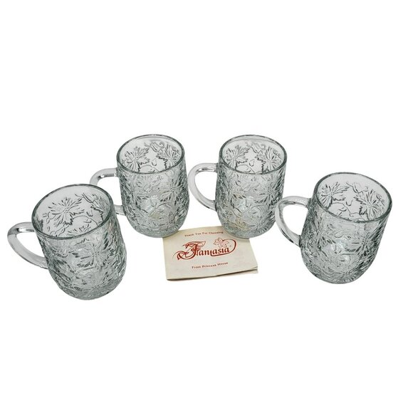 Princess House Fantasia Glass Coffee Mugs Set Of 4 Poinsettia Pattern W Booklet - Picture 1 of 9